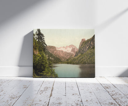 A picture of Gosausee and Dachstein, Upper Austria, Austro-Hungary, a mockup of the print leaning against a wall