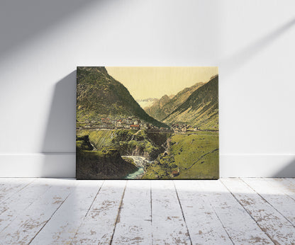 A picture of Goschenen, general view, St. Gotthard Railway, Switzerland, a mockup of the print leaning against a wall