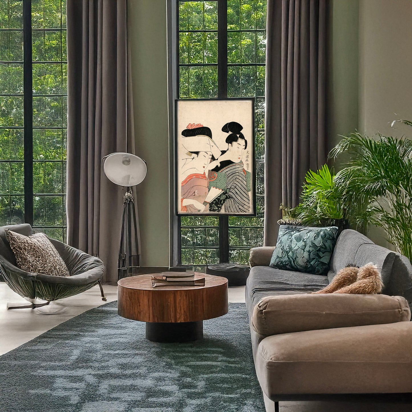 A picture of Goten jochū to tomo no otoko, a mockup of the print leaning against a wall