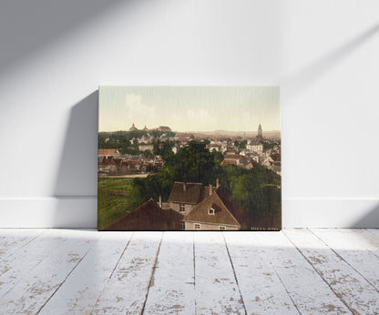 A picture of Gotha, with Inselberg, Thuringia, Germany, a mockup of the print leaning against a wall