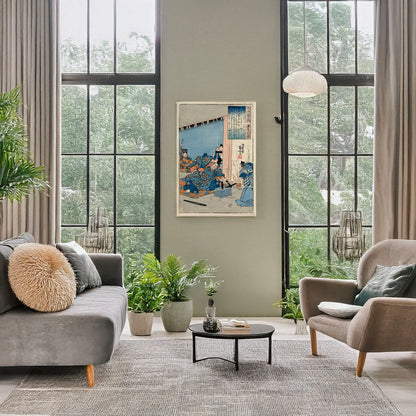 A picture of Gotobain, a mockup of the print leaning against a wall