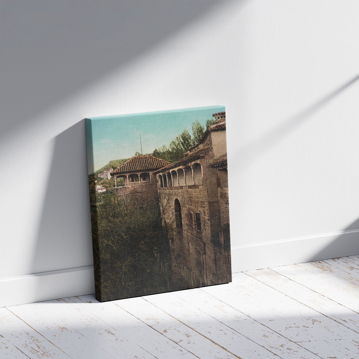 A picture of Granada. Alhambra. Peinador de la Reina, a mockup of the print leaning against a wall