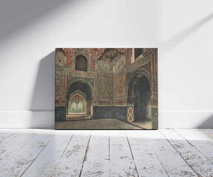 A picture of Granada. Alhambra. Sala de las Dos Hermanas desde la puerta de entrada, a mockup of the print leaning against a wall