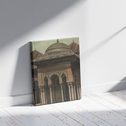 A picture of Granada. Alhambra. Templete de Levante en el patio de los Leones, a mockup of the print leaning against a wall