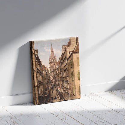A picture of Grand Street, St. Malo, France, a mockup of the print leaning against a wall