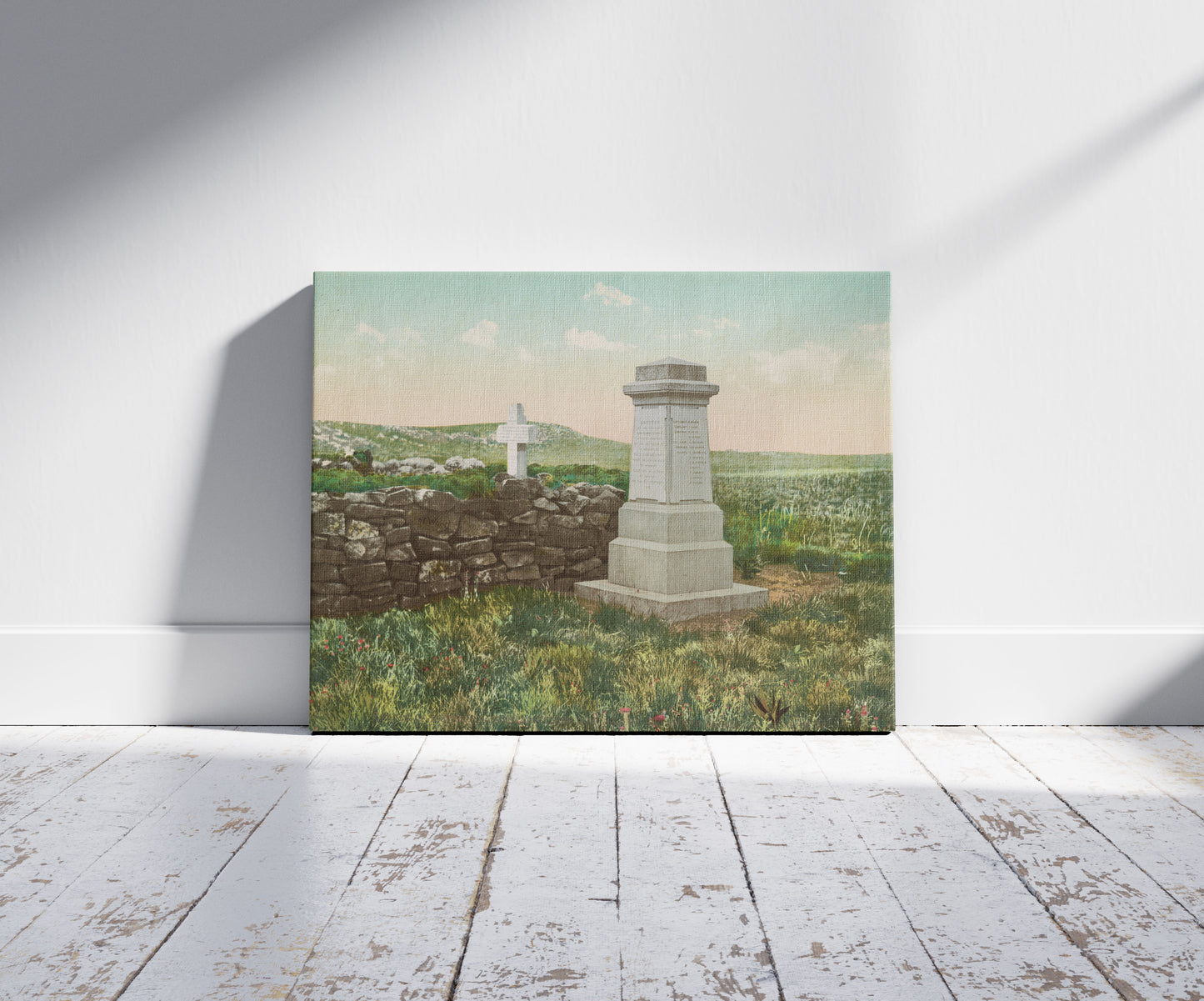 A picture of Graves of British Soliders, Battlefield of Majura Hill, South Africa, a mockup of the print leaning against a wall