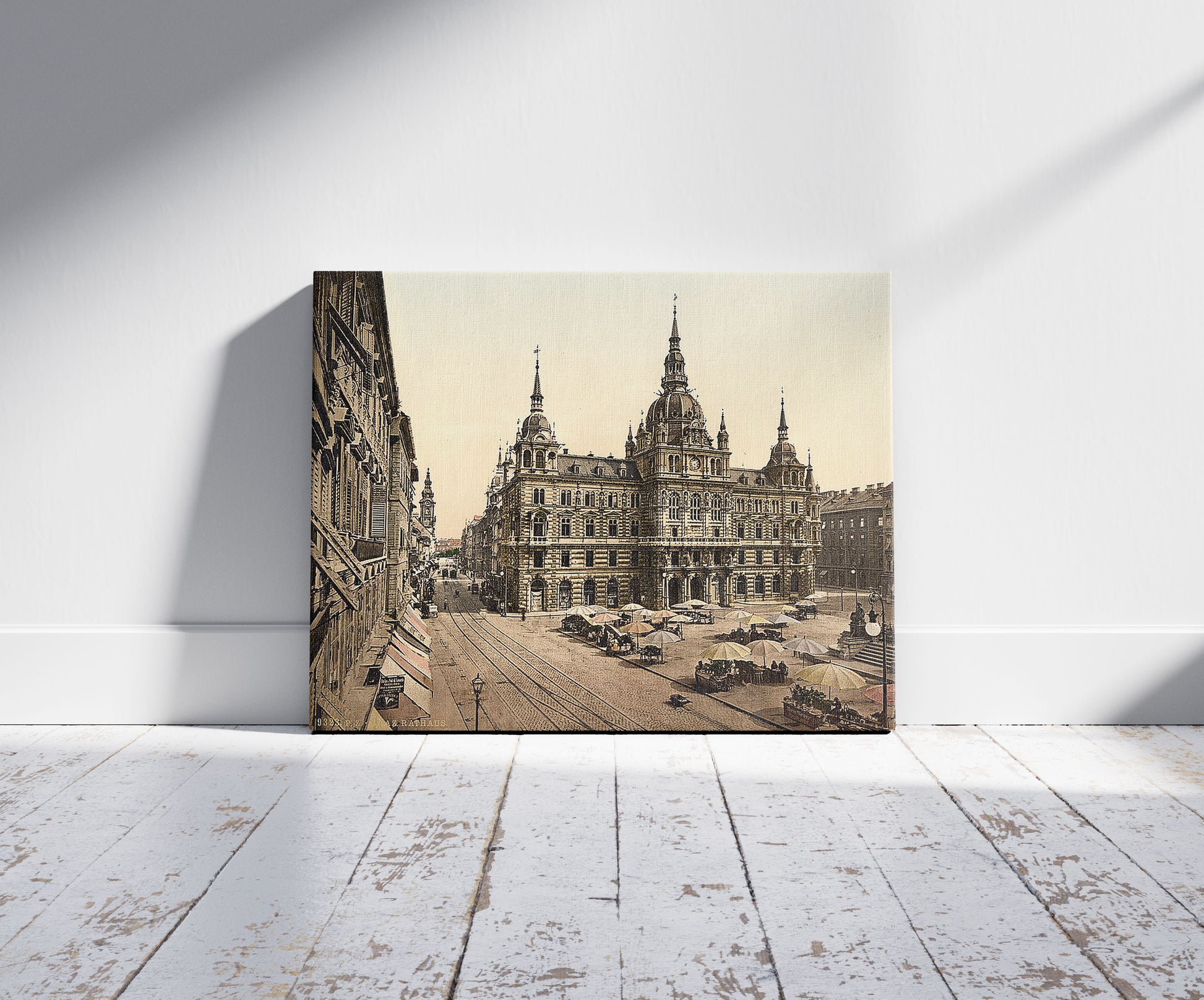 A picture of Graz, court house, Styria, Austro-Hungary, a mockup of the print leaning against a wall