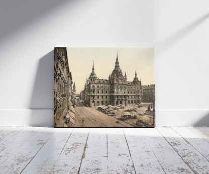 A picture of Graz, court house, Styria, Austro-Hungary, a mockup of the print leaning against a wall