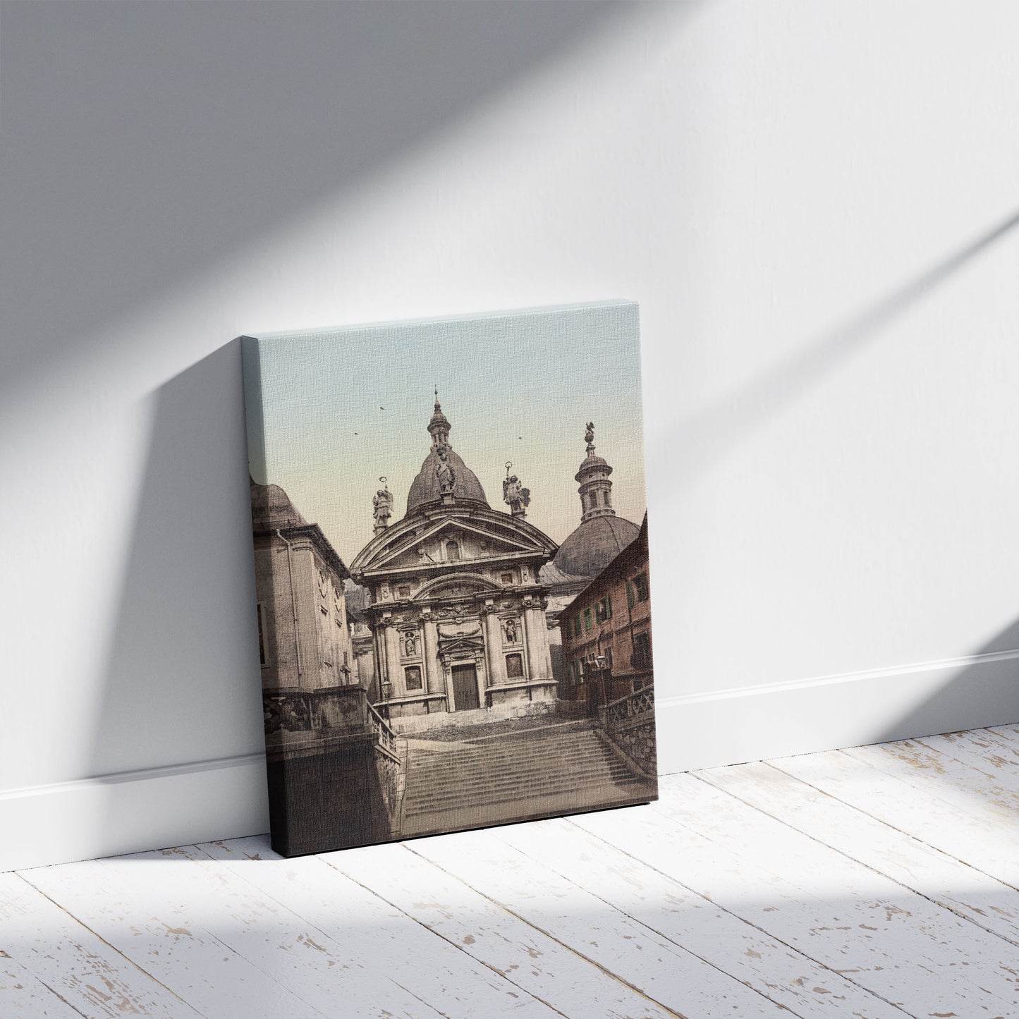 A picture of Graz Mausoleum, a mockup of the print leaning against a wall