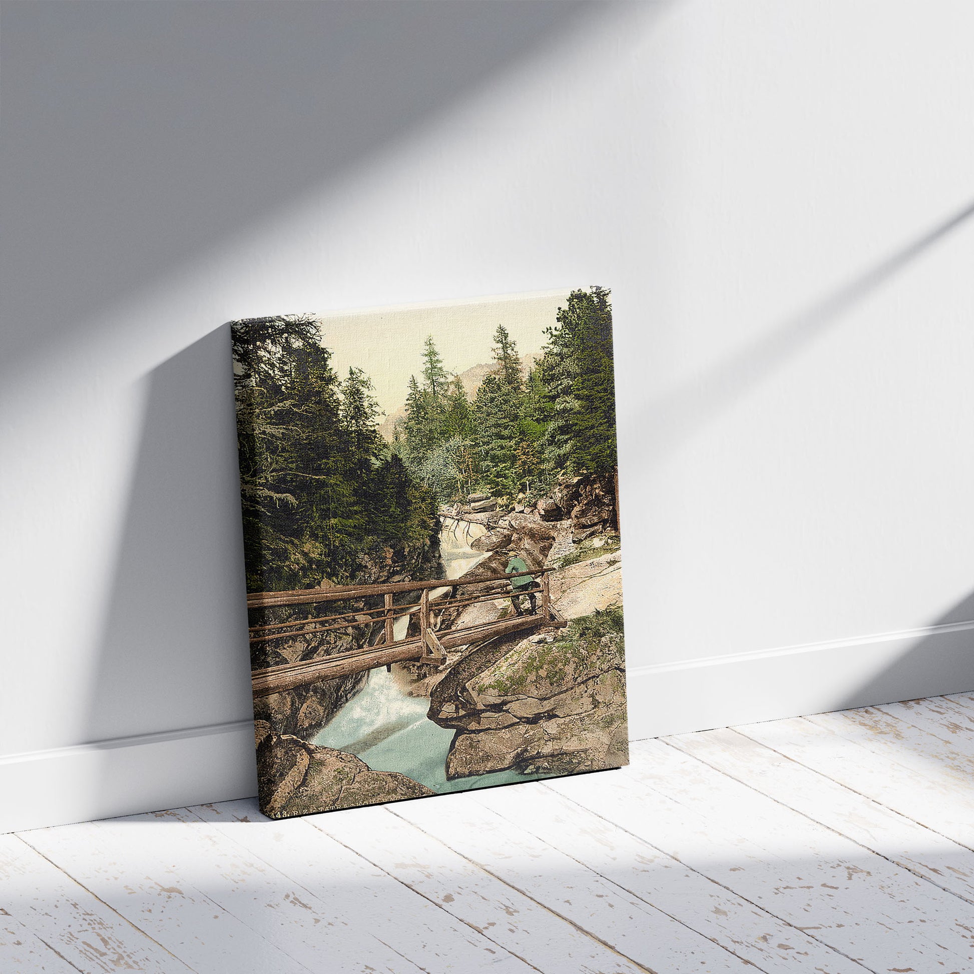 A picture of Great Kohlbach, Upper Waterfall, Tatra, Austro-Hungary, a mockup of the print leaning against a wall