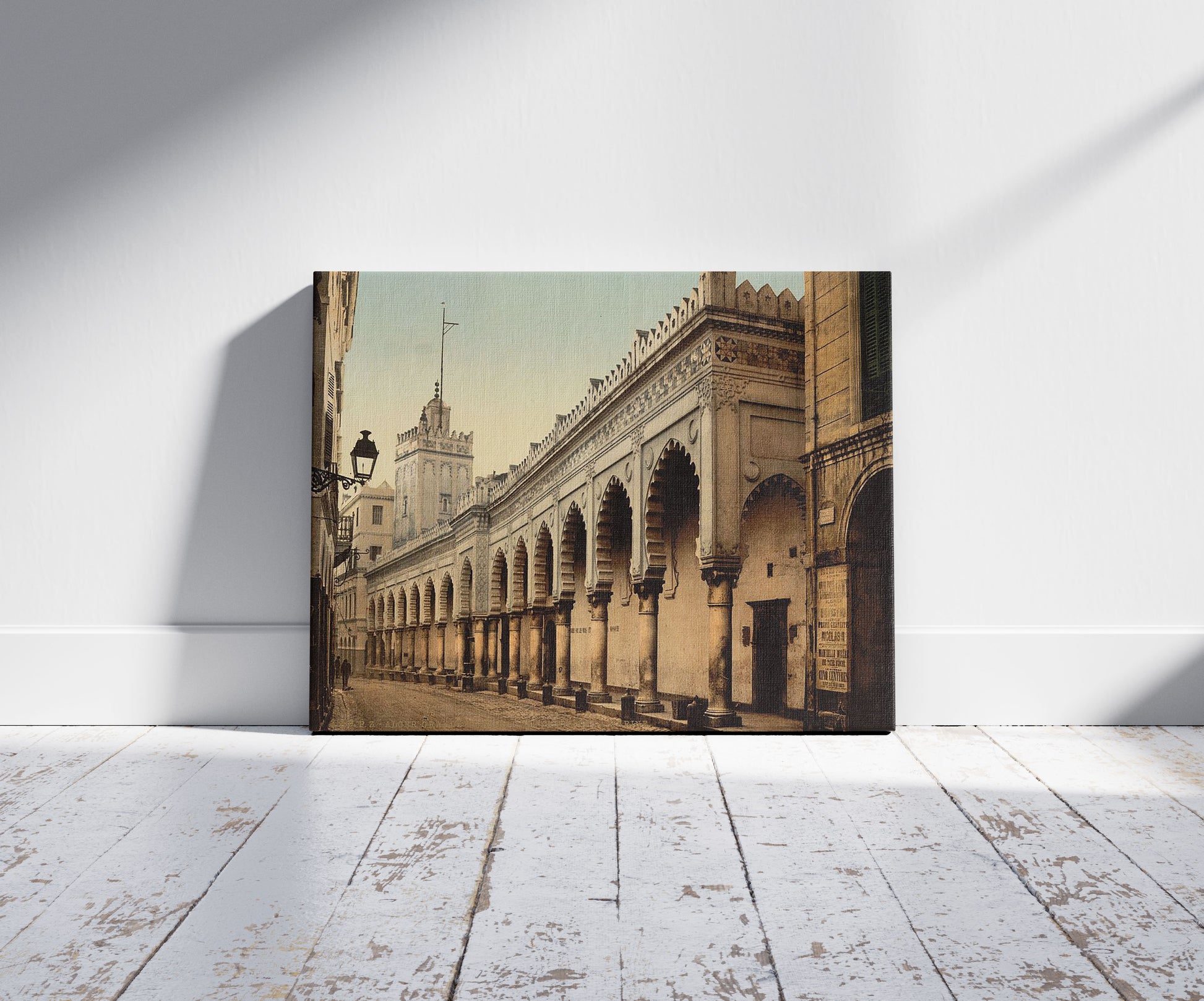 A picture of Great mosque in the marine street, Algiers, Algeria, a mockup of the print leaning against a wall