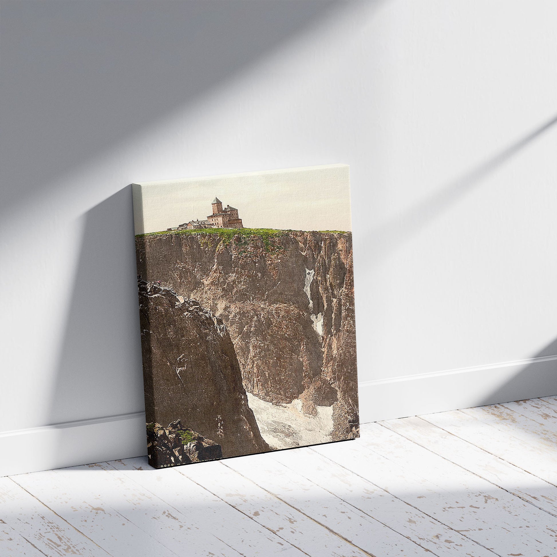 A picture of Great snow pit, partial view, Riesengebirge, Germany, a mockup of the print leaning against a wall