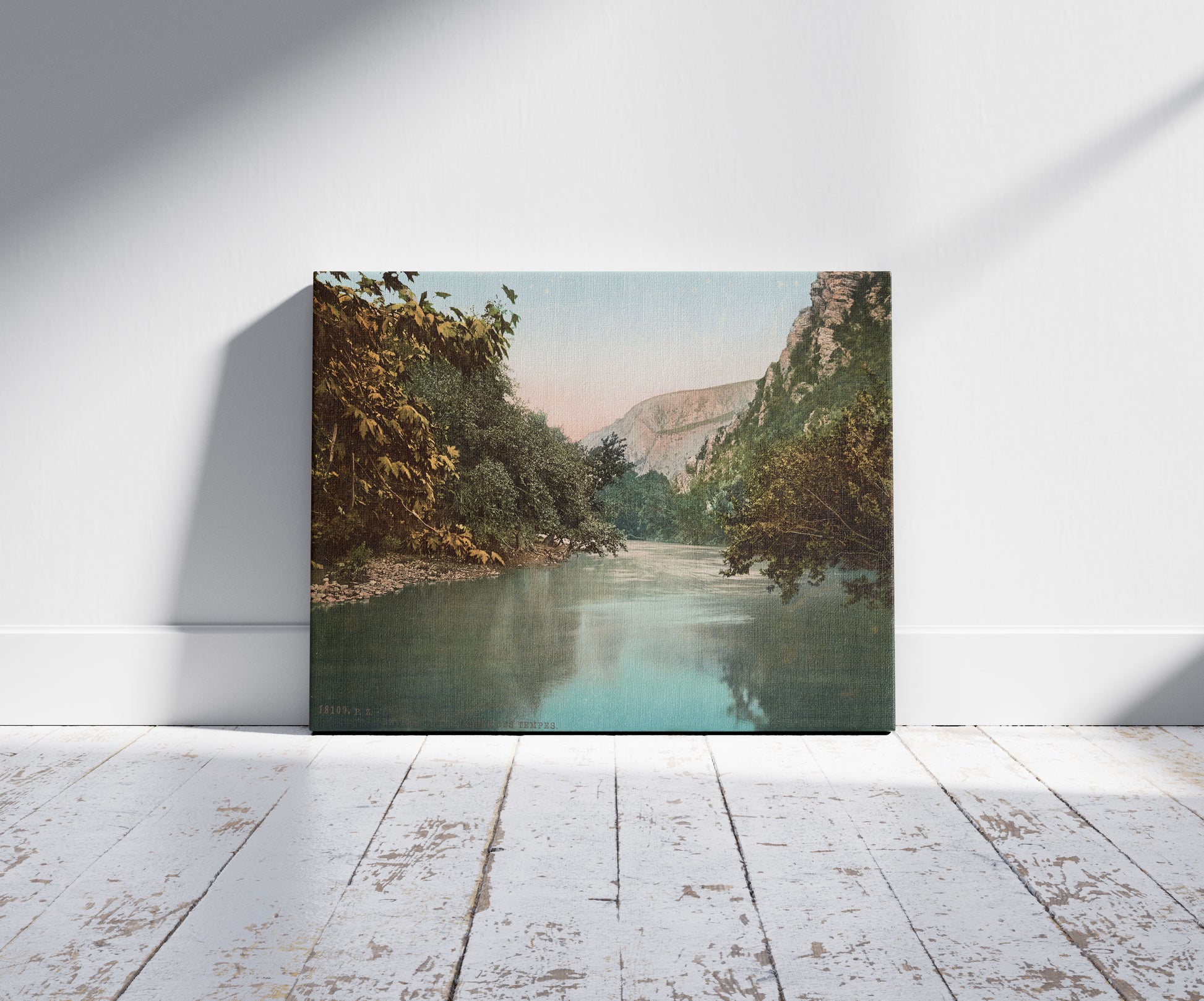 A picture of Grèce. Thessalie. Entrée de la Vallée des Tempes, a mockup of the print leaning against a wall