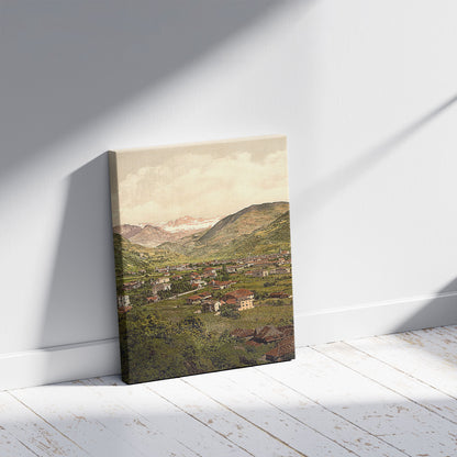 A picture of Gries-Bozen towards the Rosengarten, Tyrol, Austro-Hungary, a mockup of the print leaning against a wall