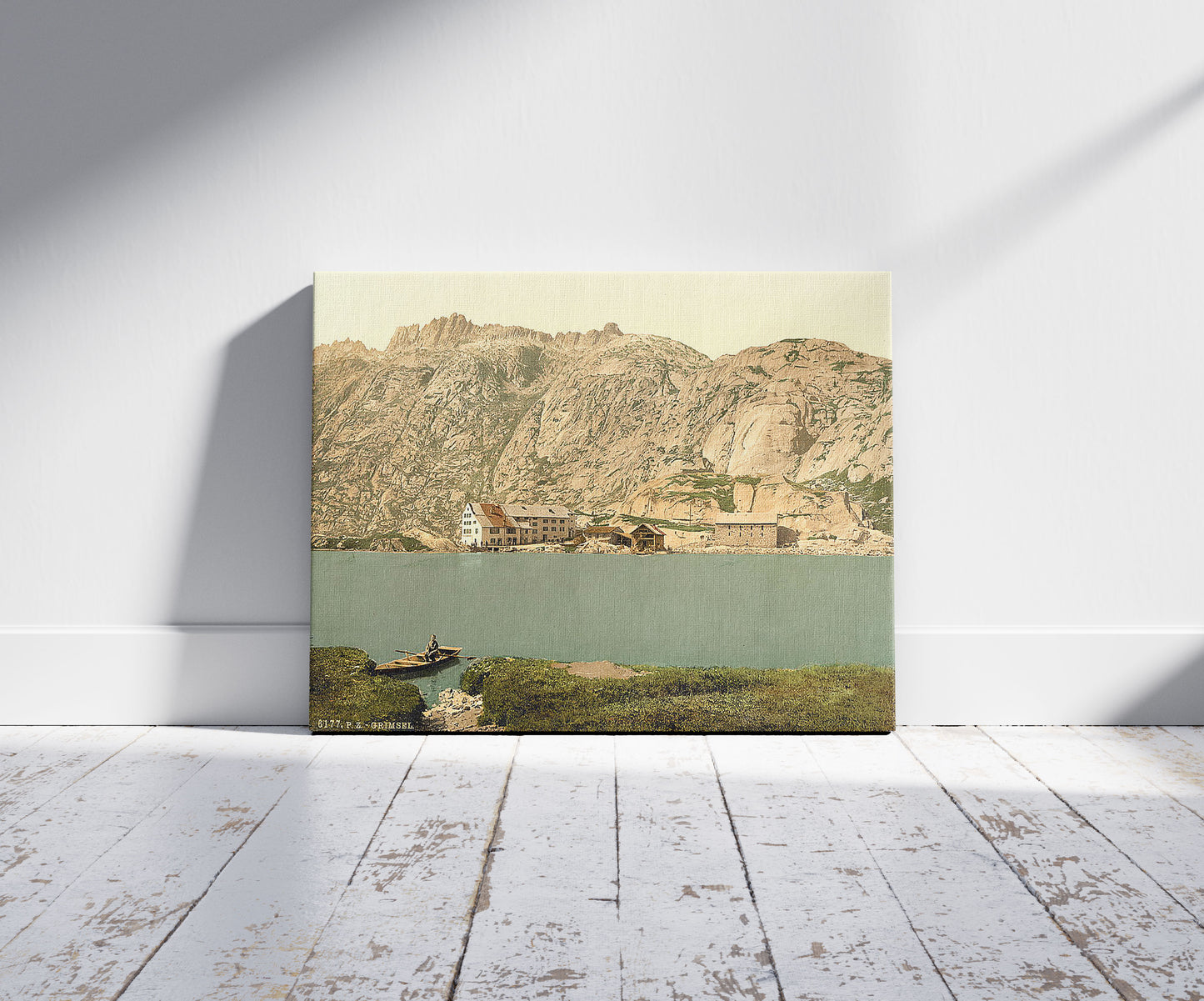 A picture of Grimselstrasse, Grimsel, Bernese Oberland, Switzerland, a mockup of the print leaning against a wall