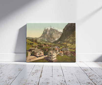 A picture of Grindelwald and Wetterhorn Mountain, Bernese Oberland, Switzerland, a mockup of the print leaning against a wall