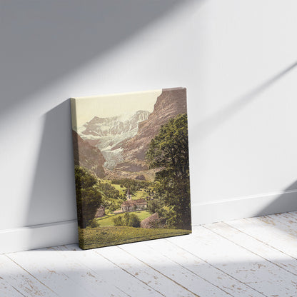 A picture of Grindelwald, church and Eiger Mountain, Bernese Oberland, Switzerland, a mockup of the print leaning against a wall