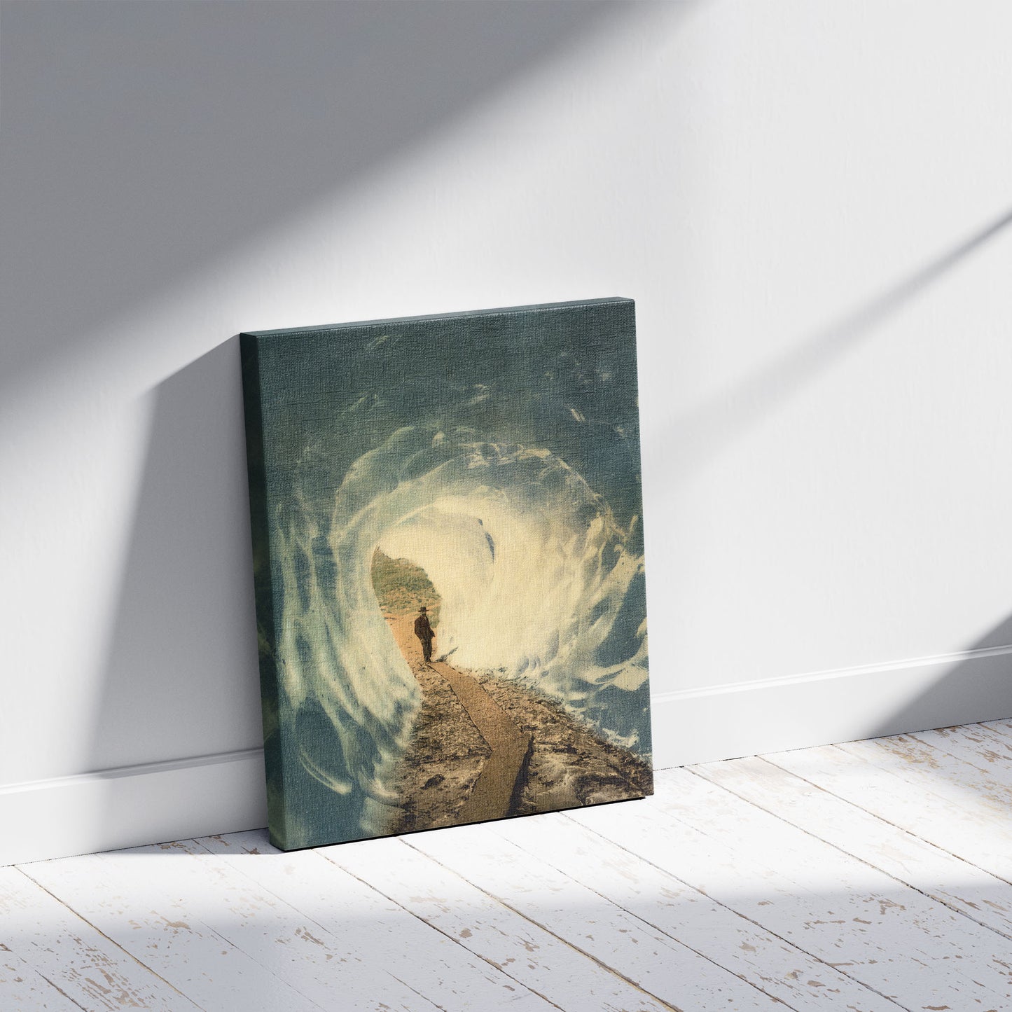 A picture of Grindelwald Grotto, Bernese Oberland, Switzerland, a mockup of the print leaning against a wall