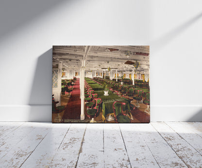 A picture of "Grosser Kurfurst," dining room, first class, North German Lloyd, Royal Mail Steamers, a mockup of the print leaning against a wall