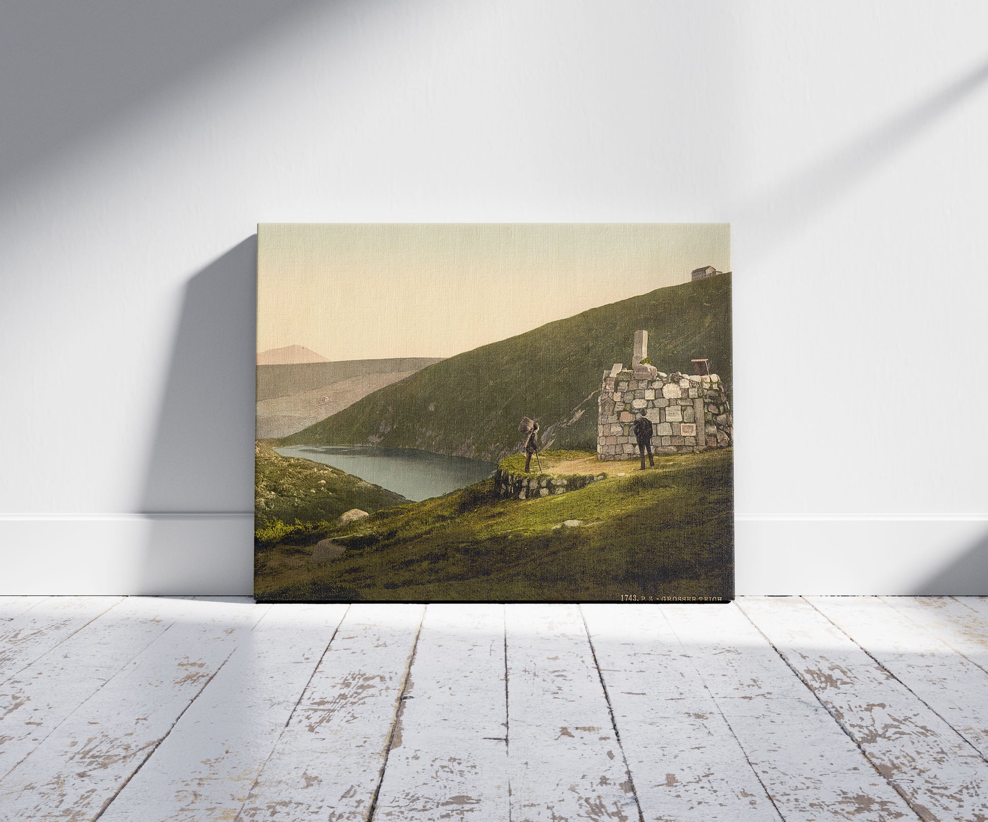 A picture of Grosser Teich (Large Pond), with the Donop Monument, Riesengebirge, Germany, a mockup of the print leaning against a wall
