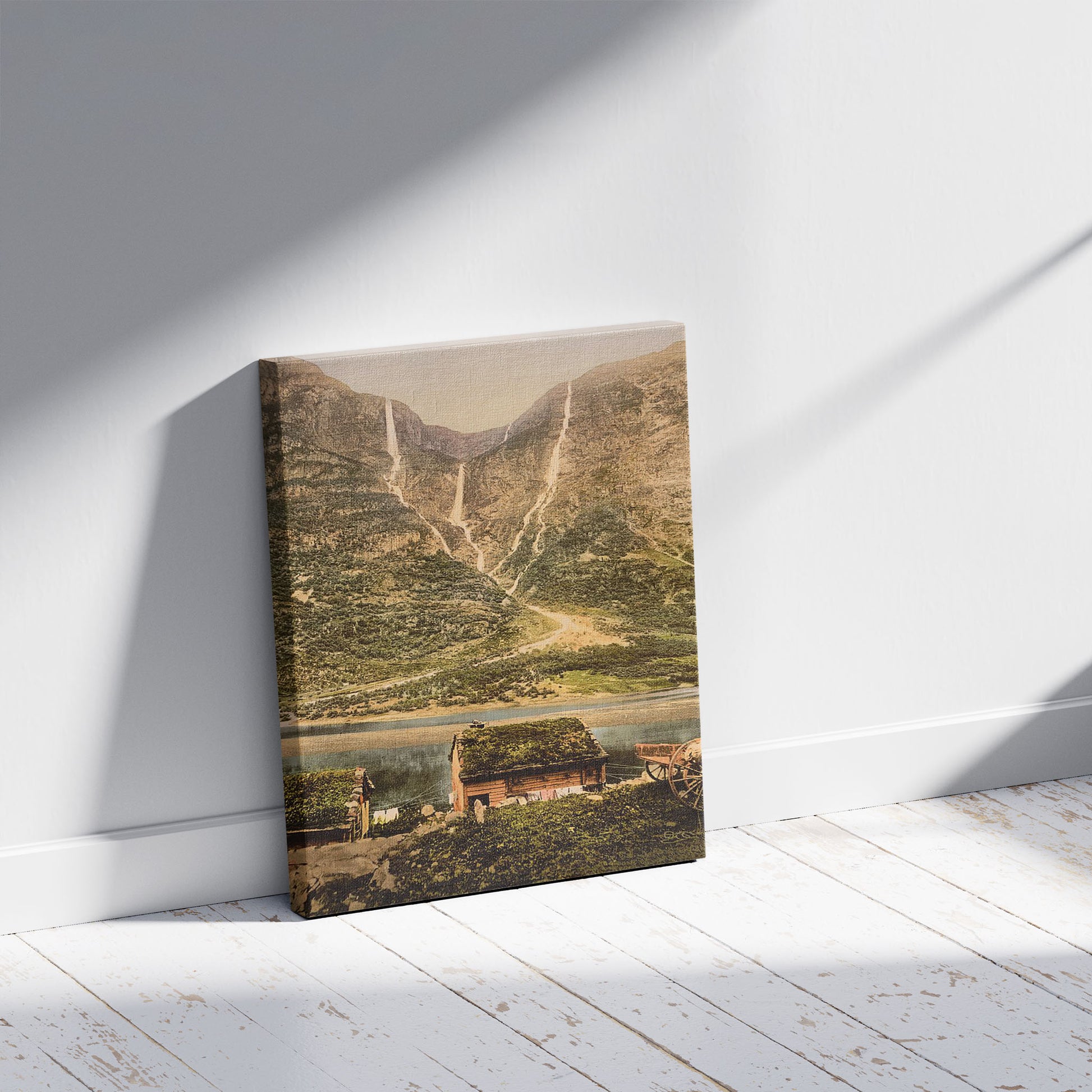 A picture of Gudvangen, Kilfos, Sognefjord, Norway, a mockup of the print leaning against a wall