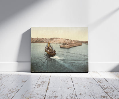 A picture of Guernsey, St. Peter's Port, arrival of boats, Channel Islands, a mockup of the print leaning against a wall