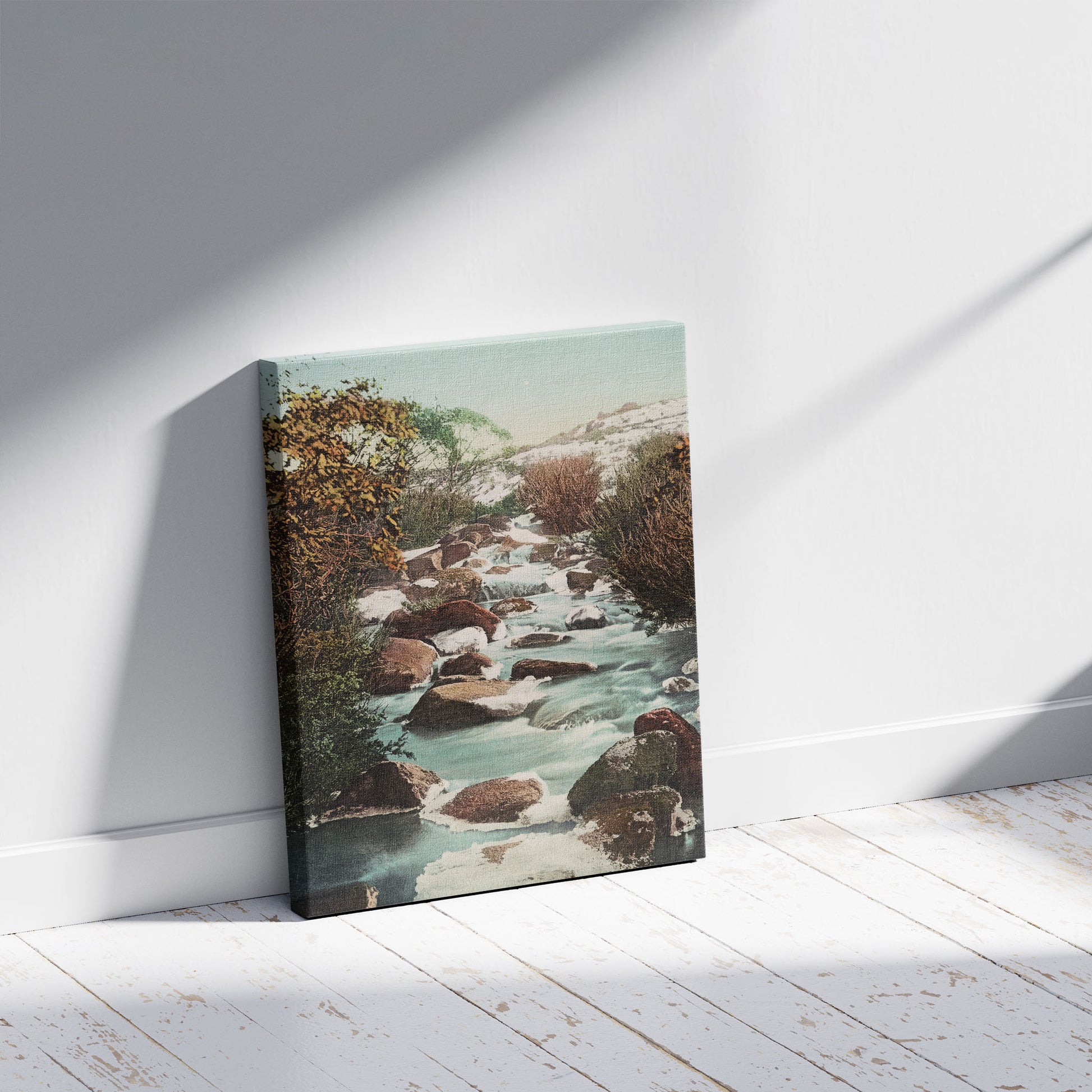 A picture of Gungarline Creek, Snowy River. N.S.W., a mockup of the print leaning against a wall