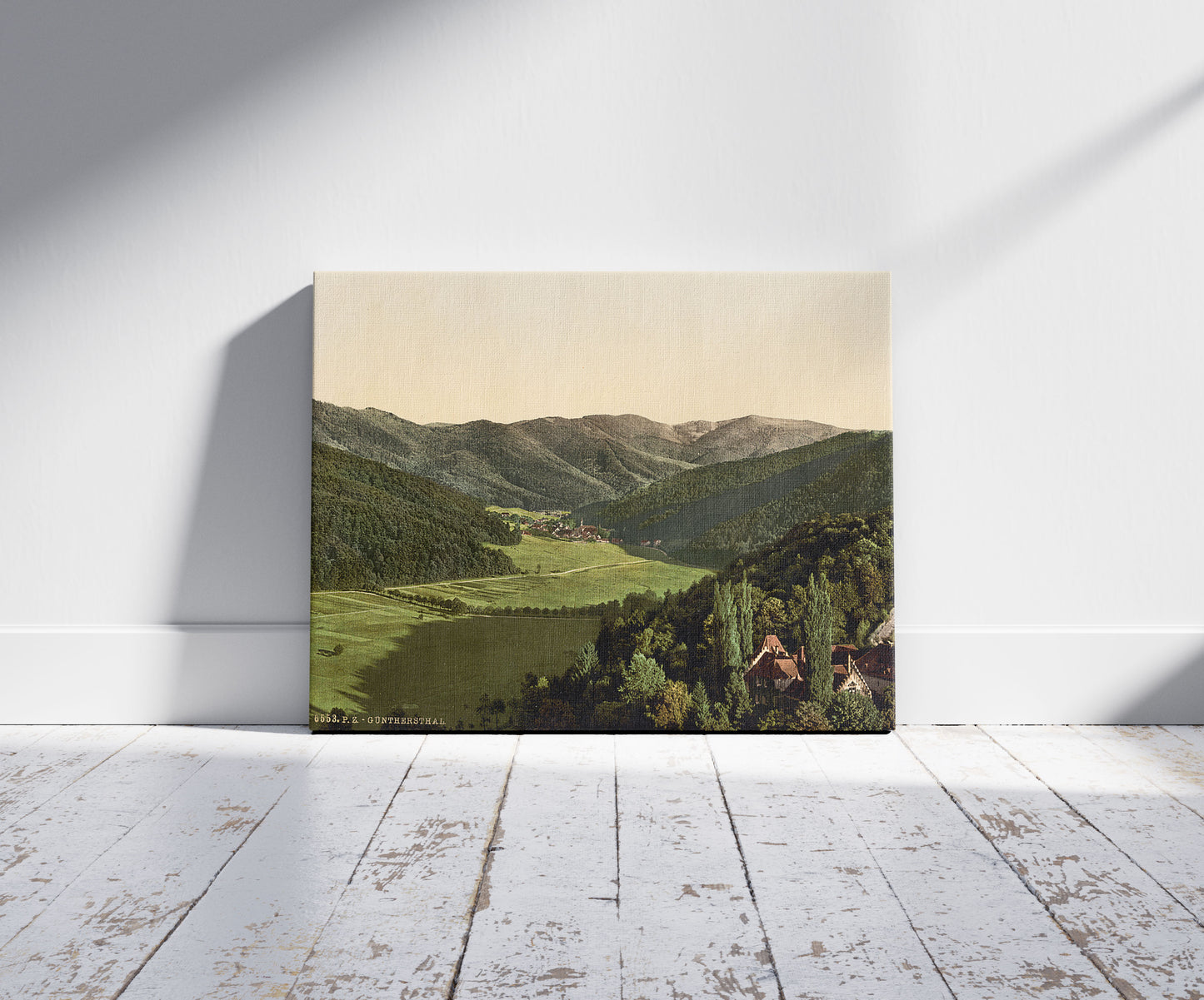 A picture of Gunther's Valley, Black Forest, Baden, Germany, a mockup of the print leaning against a wall