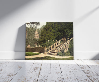 A picture of Haddon Hall, the terrace steps, Derbyshire, England, a mockup of the print leaning against a wall