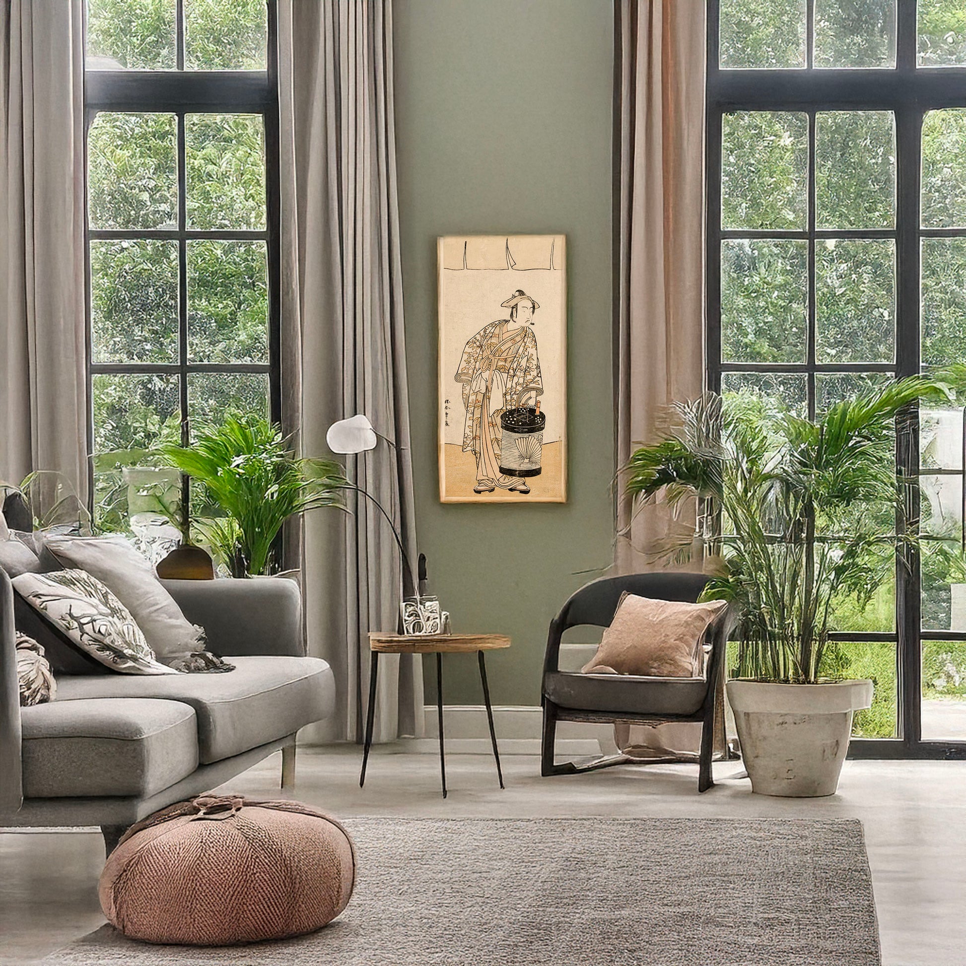 A picture of Hako chotin o motsu nidaime ichikawa monnosuke, a mockup of the print leaning against a wall