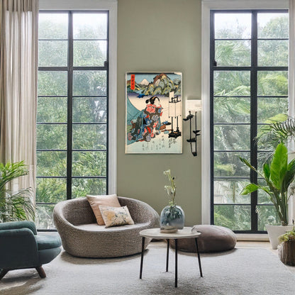 A picture of Hakone shuku, a mockup of the print leaning against a wall