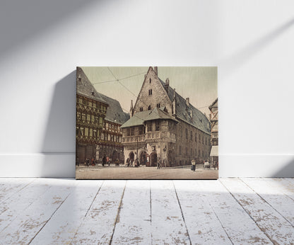 A picture of Halberstadt. Rathaus, a mockup of the print leaning against a wall