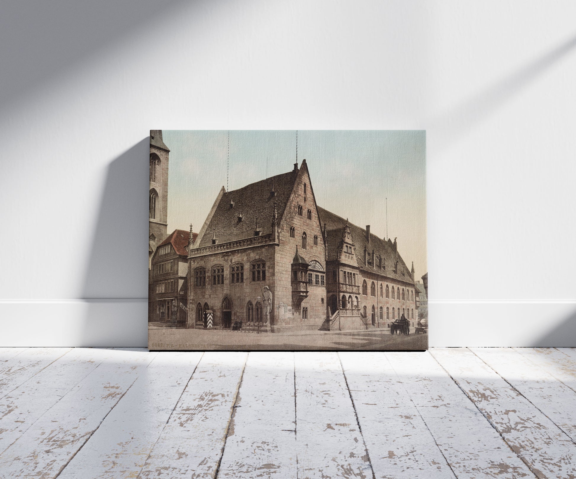A picture of Halberstadt. Roland am Markt, a mockup of the print leaning against a wall