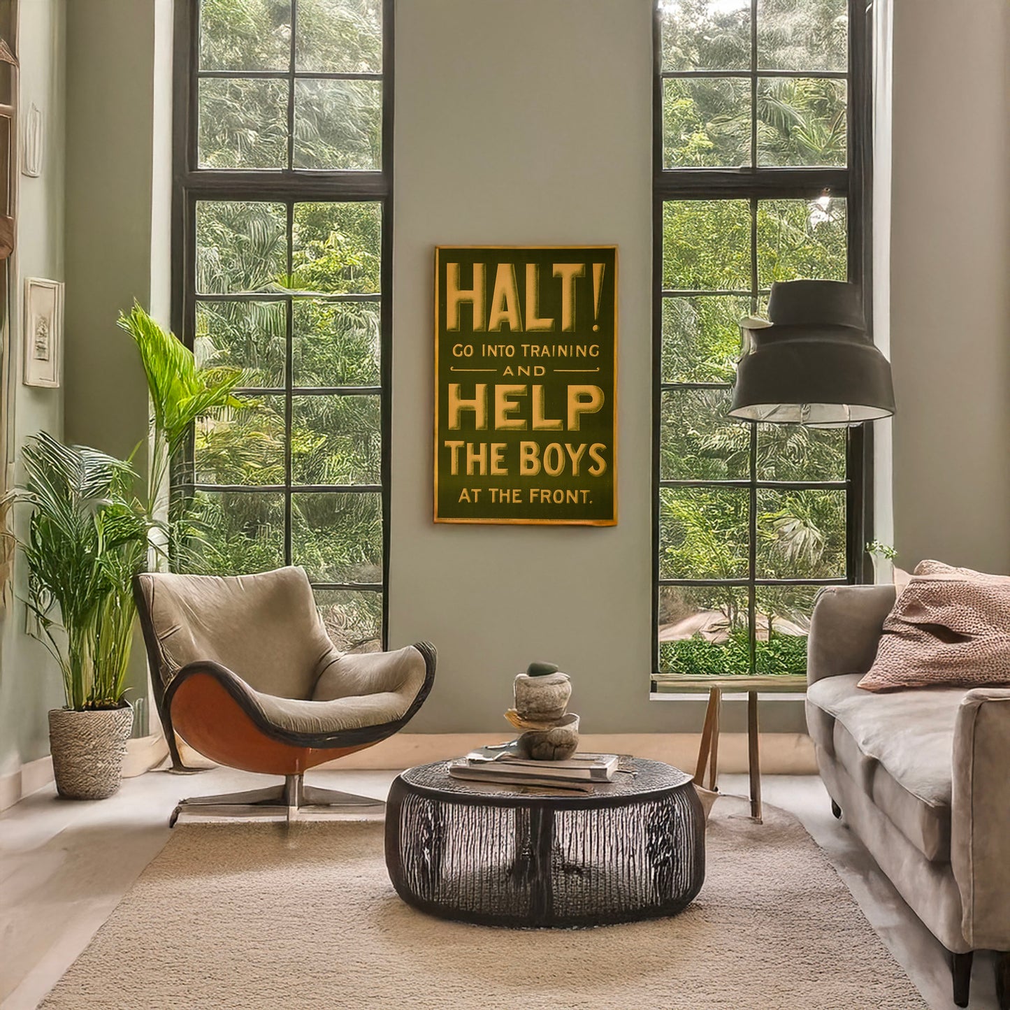 A picture of Halt! Go into training and help the boys at the front, a mockup of the print leaning against a wall