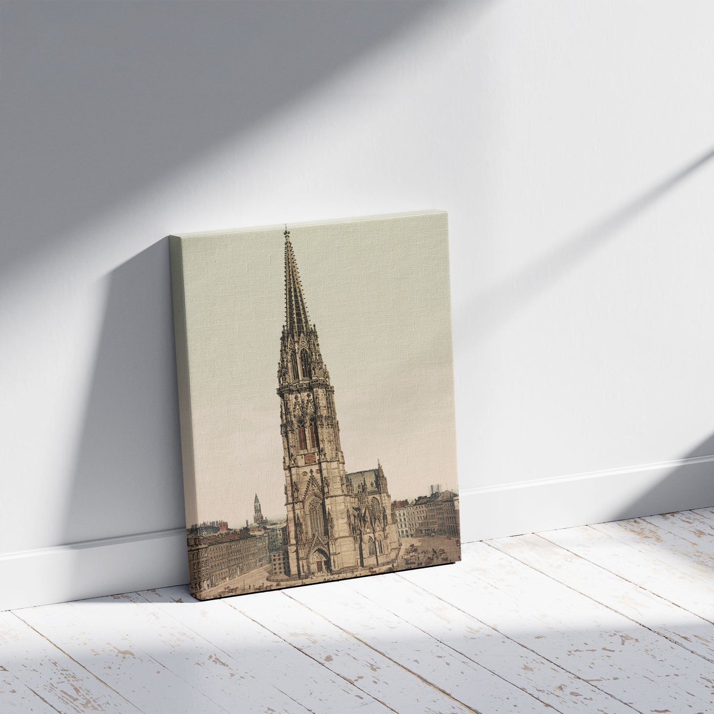 A picture of Hamburg. Nicolaikirche, a mockup of the print leaning against a wall