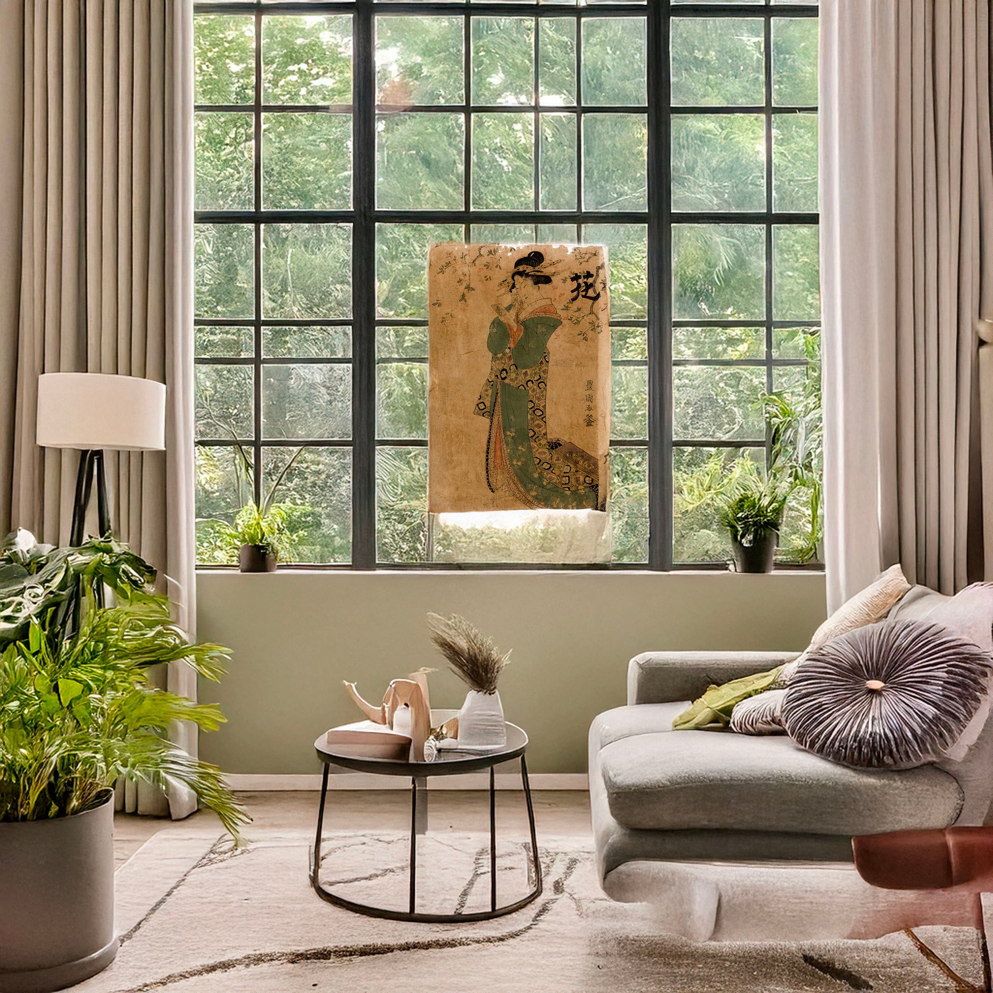 A picture of Hana, a mockup of the print leaning against a wall