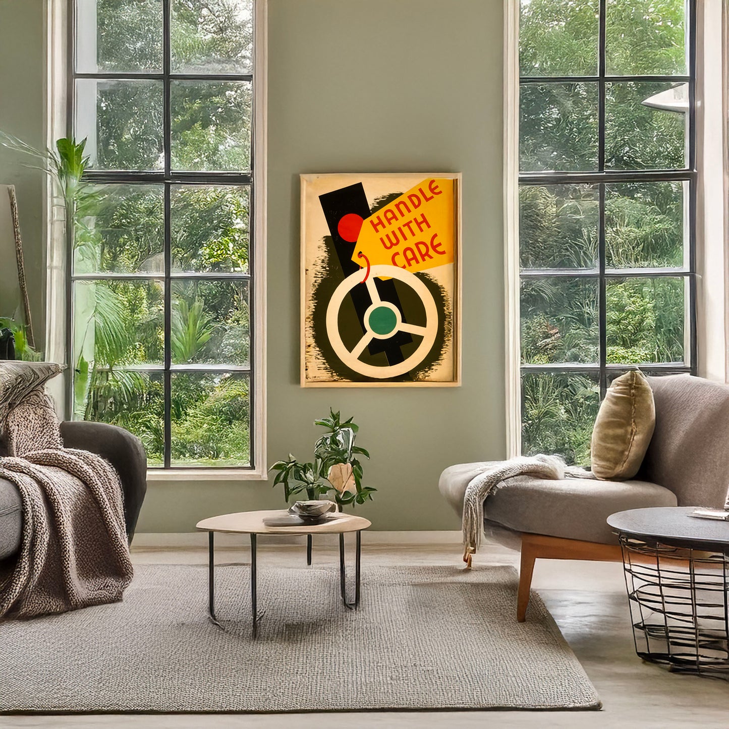 A picture of Handle with care, a mockup of the print leaning against a wall