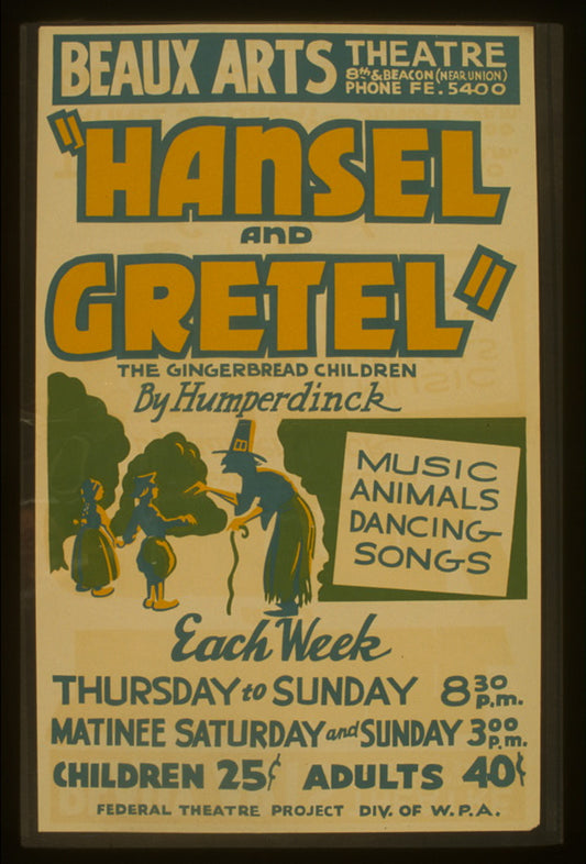 A picture of "Hansel and Gretel," the gingerbread children by Humperdinck Music, animals, dancing, songs.
