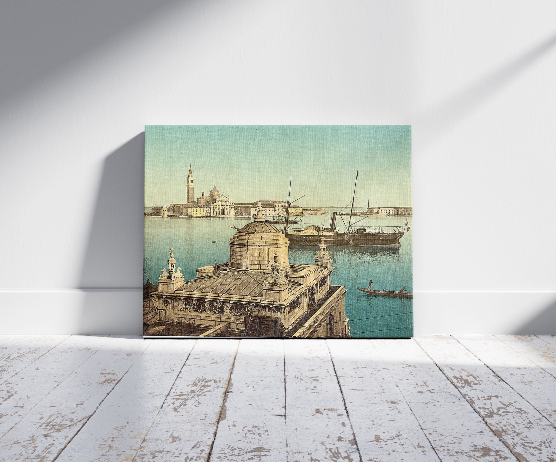 A picture of Harbor, Venice, Italy, a mockup of the print leaning against a wall