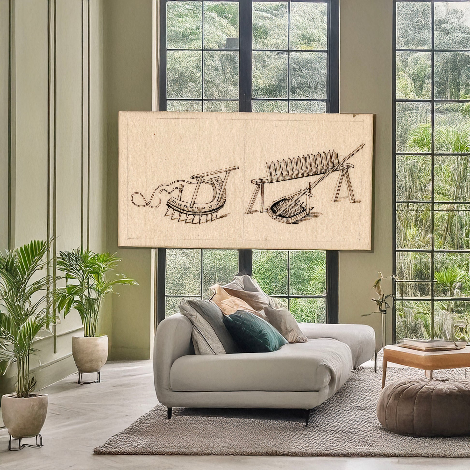 A picture of Harrow, hetchel, rake, a mockup of the print leaning against a wall