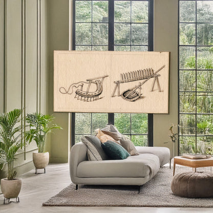 A picture of Harrow, hetchel, rake, a mockup of the print leaning against a wall