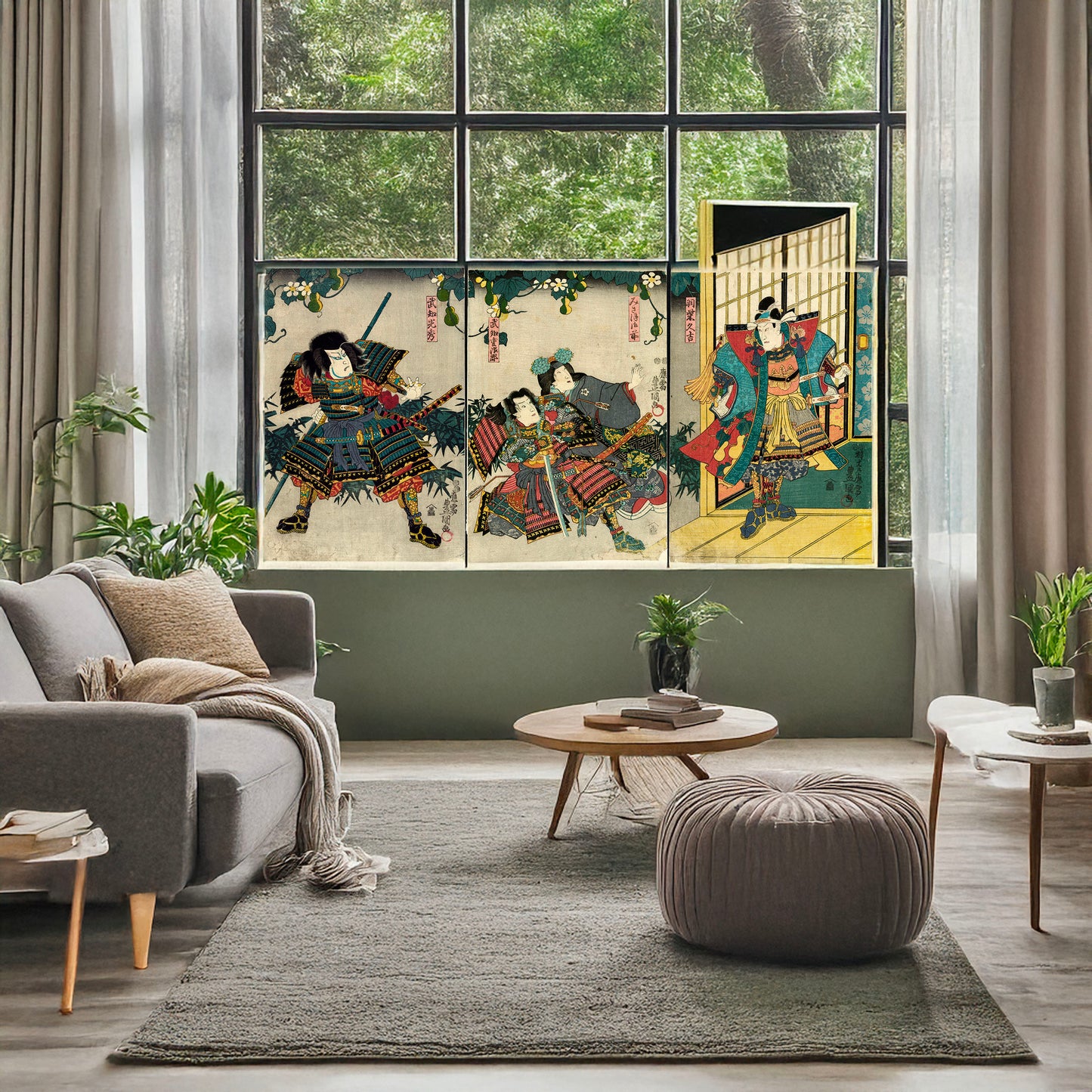 A picture of Hashiba Hisakichi, Miaso Gozen, Buchi Gujiro, Buchi Mitsuhide, a mockup of the print leaning against a wall