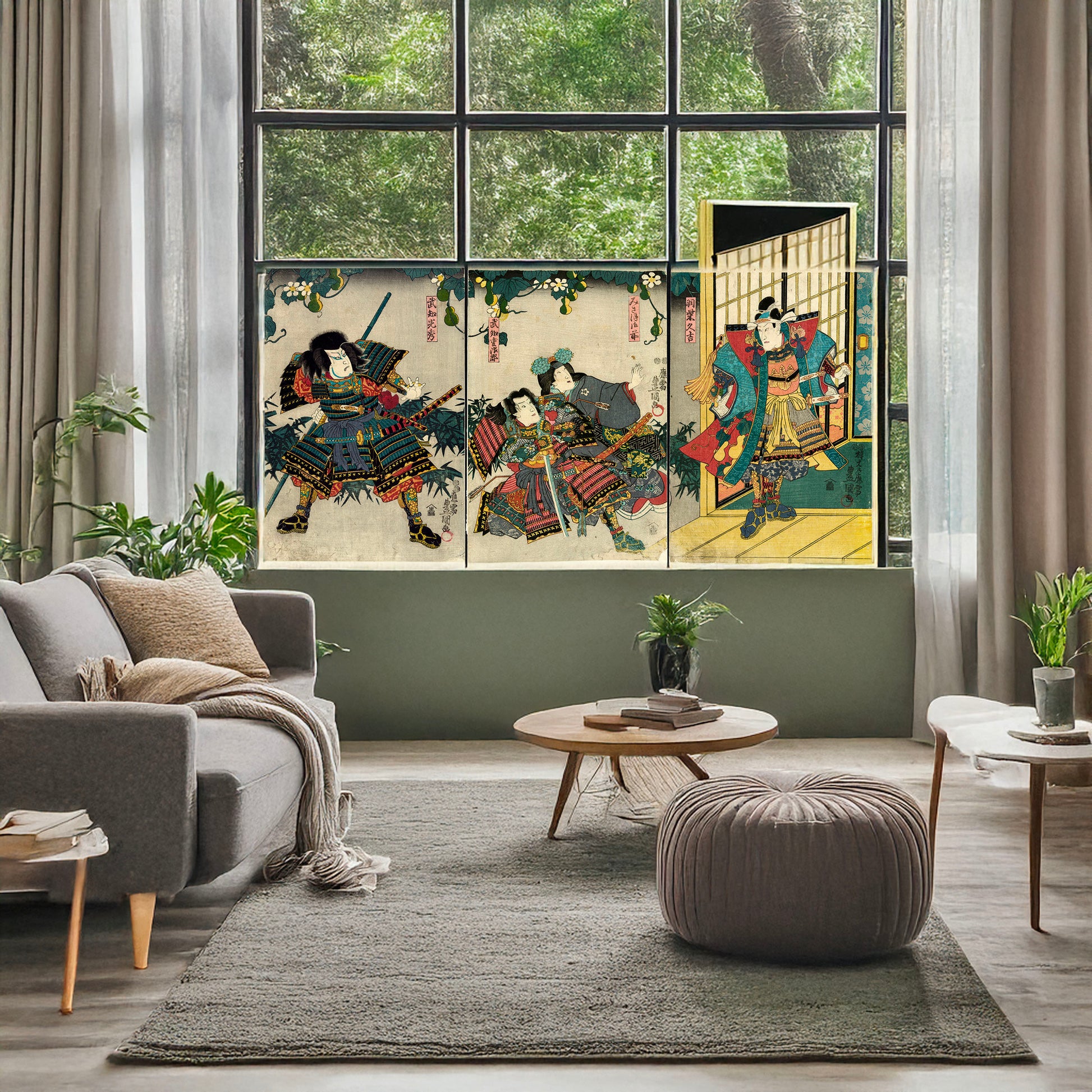 A picture of Hashiba Hisakichi, Miaso Gozen, Buchi Gujiro, Buchi Mitsuhide, a mockup of the print leaning against a wall