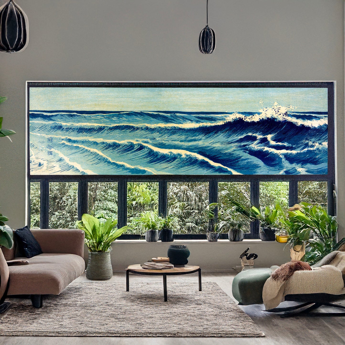 A picture of Hatō zu, a mockup of the print leaning against a wall