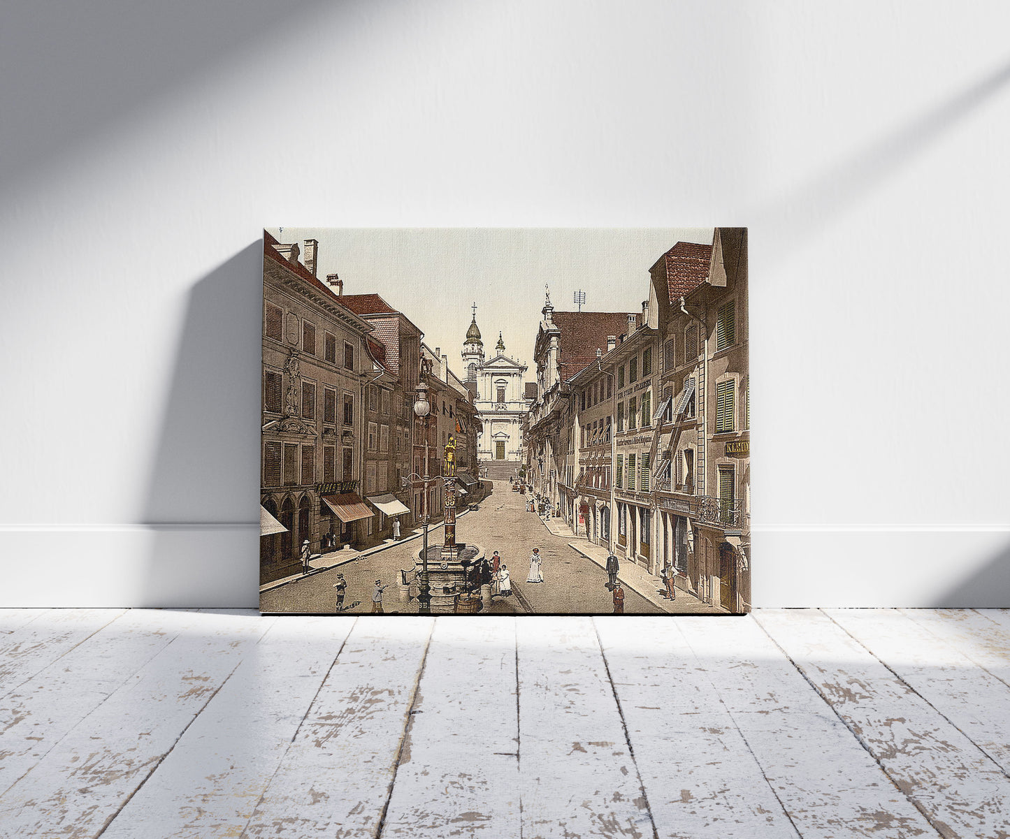 A picture of Hauptgasse, Solothurn, Switzerland, a mockup of the print leaning against a wall