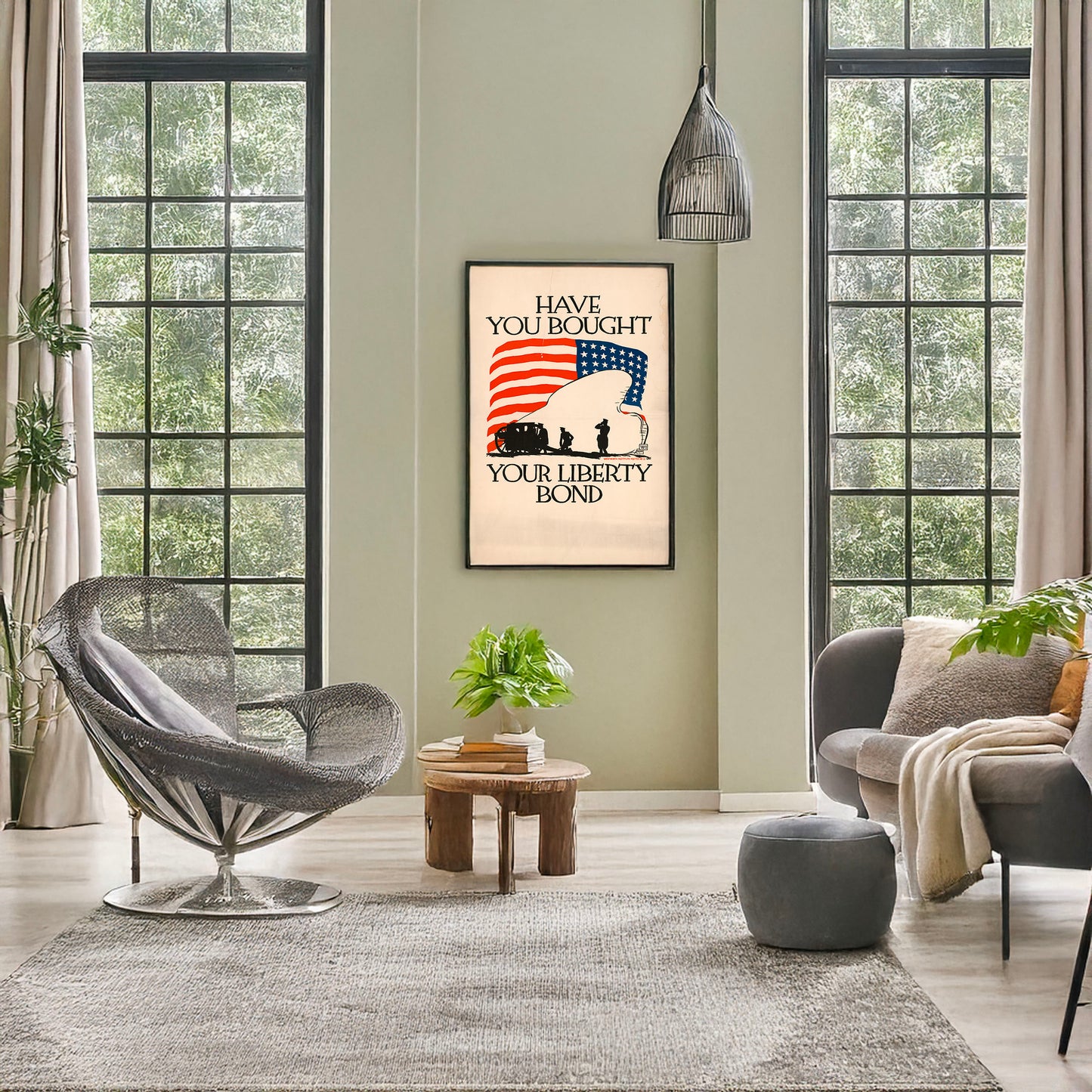 A picture of Have you bought your liberty bond, a mockup of the print leaning against a wall