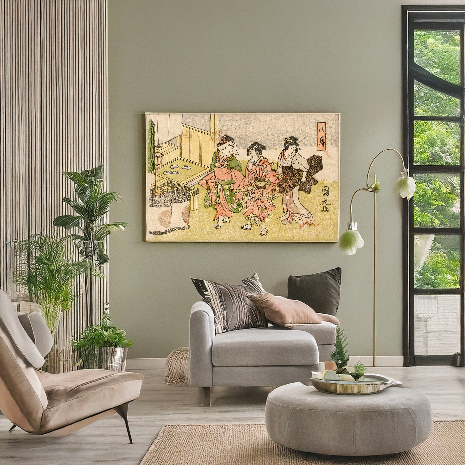 A picture of Hazuki, a mockup of the print leaning against a wall