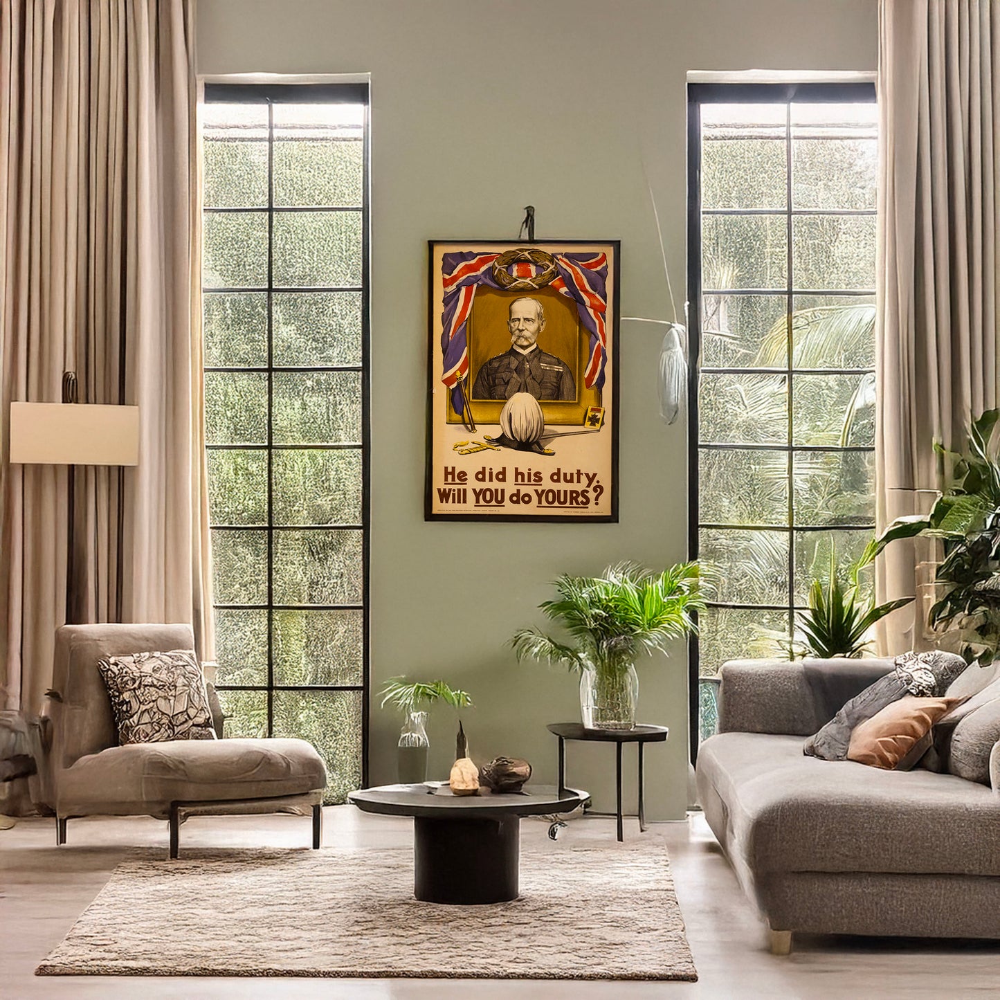 A picture of He did his duty. Will you do yours?, a mockup of the print leaning against a wall