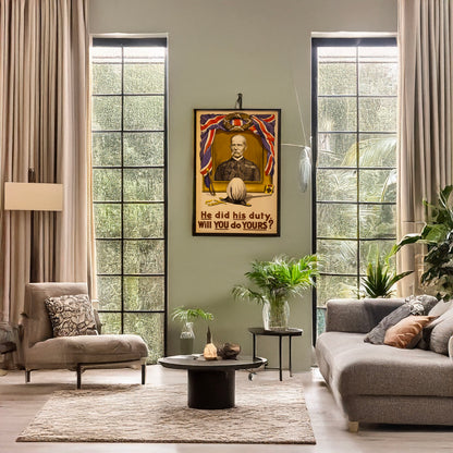 A picture of He did his duty. Will you do yours?, a mockup of the print leaning against a wall