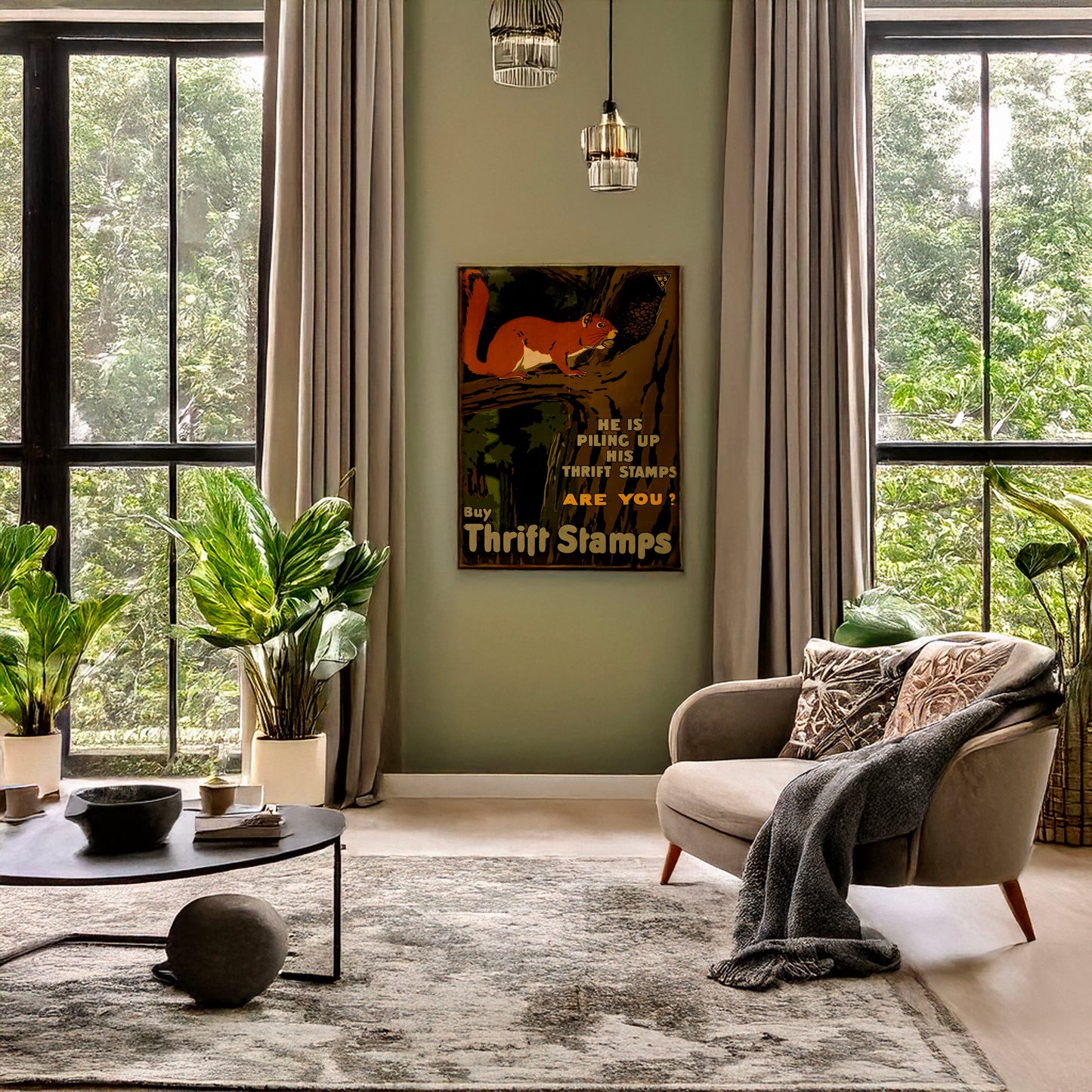 A picture of He is piling up his Thrift Stamps, are you? Buy Thrift Stamps, a mockup of the print leaning against a wall